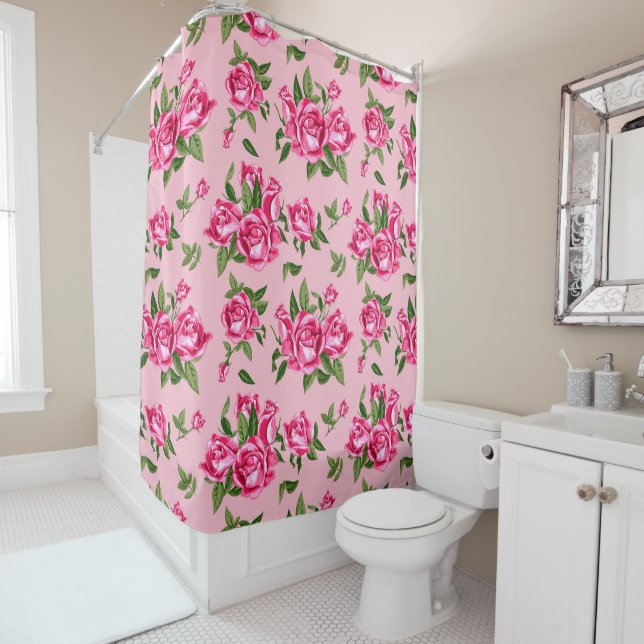Rideaux De Douche Chic Démodé Monogramme Roses Roses Salle de Bain (En situation)