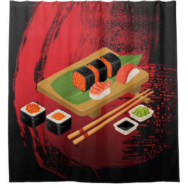 Rideaux De Douche Chic Élégant Moderne Sushi Noir & Rouge (Devant)