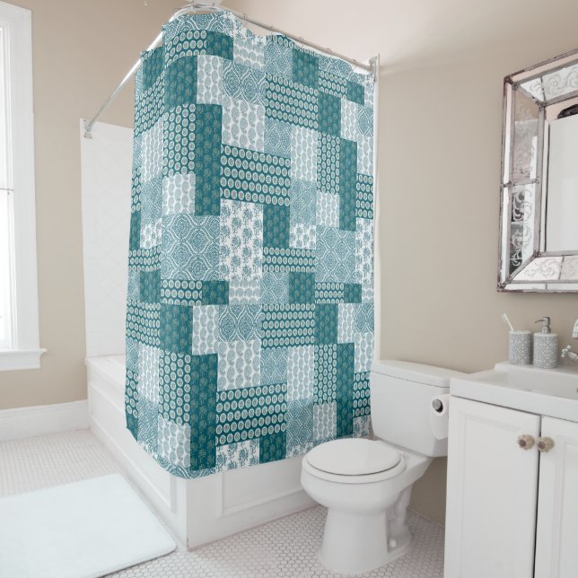 Rideaux De Douche Chic ethnique Faux Patchwork Motif, Turquoise et b (En situation)