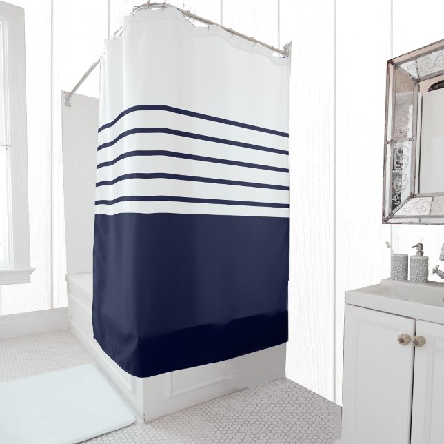Rideaux De Douche Chic Navy Blue Stripes Beach House Nautique (Créateur téléchargé)