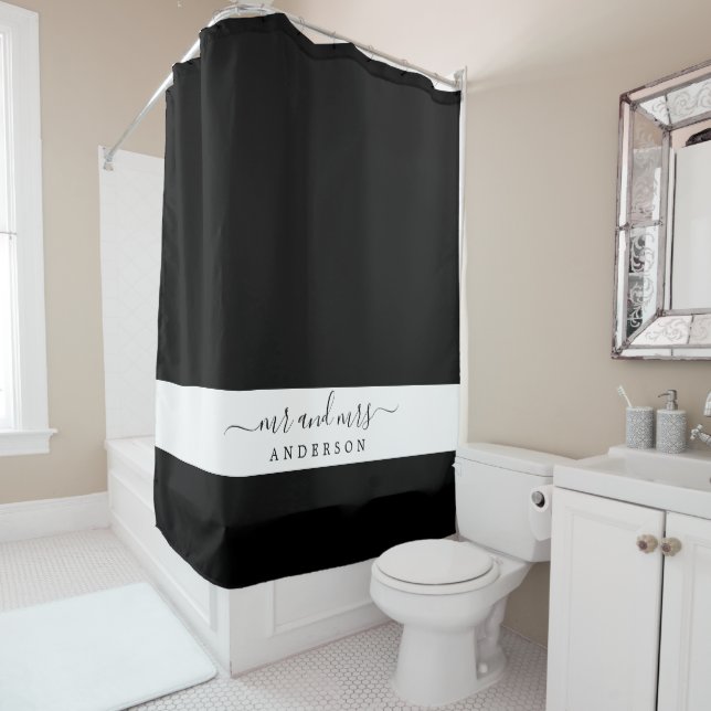 Rideaux De Douche Chic Newlyborn Mr Mme Black and White Monogram (En situation)