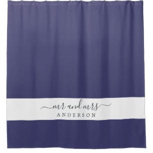 Rideaux De Douche Chic Newlysée M. Mme Navy Blue Monogramme