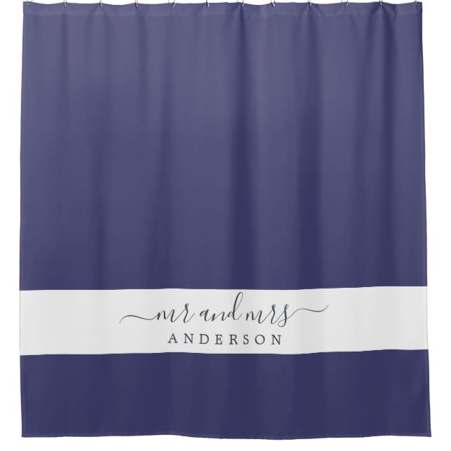Rideaux De Douche Chic Newlysée M. Mme Navy Blue Monogramme (Devant)
