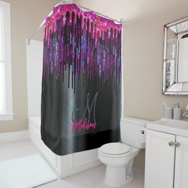 Rideaux De Douche Chic noir rose chaud gouttes bleu monogramme (En situation)