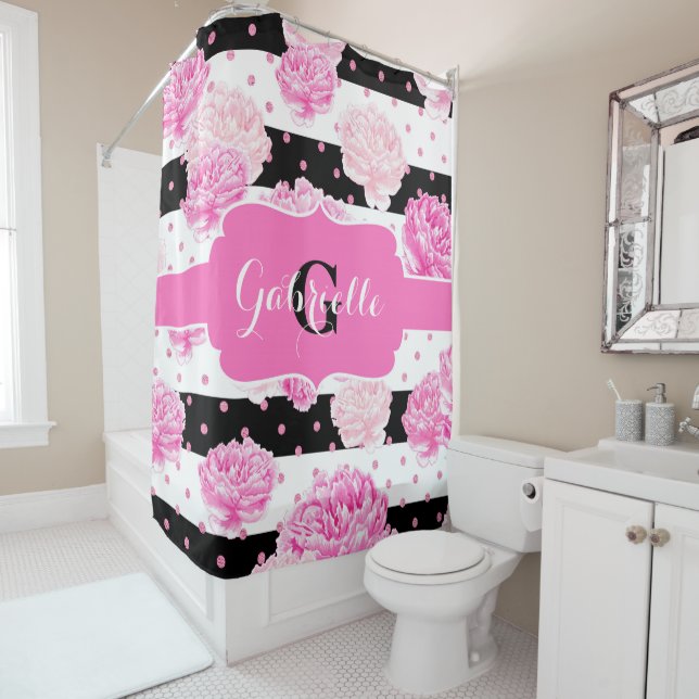 Rideaux De Douche Chic rayures rose Aquarelle Monogramme Floral (En situation)