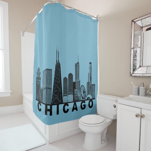 Rideaux De Douche Chicago Skyline Silhouette  (En situation)