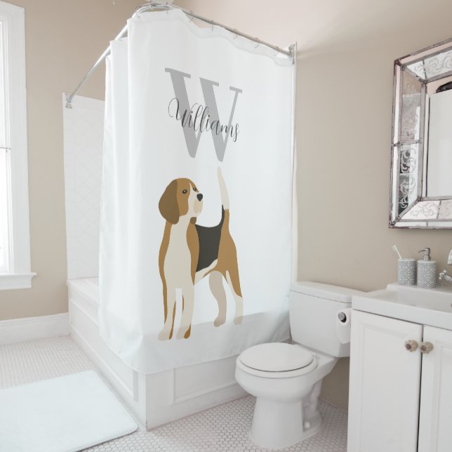Rideaux De Douche Chien Beagle Monogramme Nom Aquarelle  (En situation)