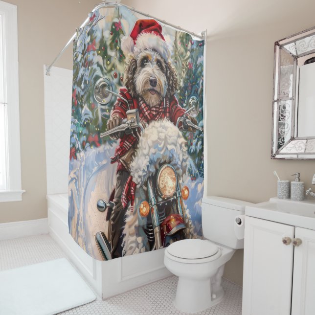 Rideaux De Douche Chien Bernedoodle en moto Noël (En situation)