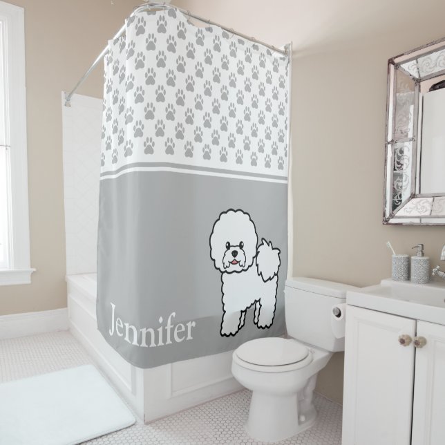 Rideaux De Douche Chien Bichon Frise Mignon Avec Nom Et Empreintes D (En situation)