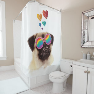 Rideaux De Douche Chien Carlin avec coeurs Saint-Valentin