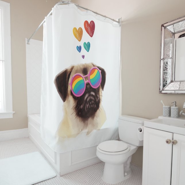 Rideaux De Douche Chien Carlin avec coeurs Saint-Valentin (En situation)