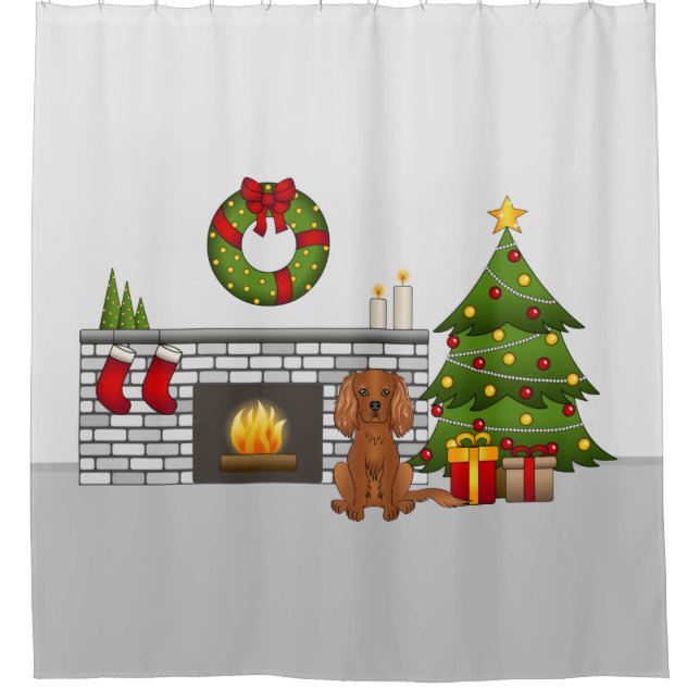 Rideaux De Douche Chien Cavalier Ruby Dans Une Salle De Noël Festive (Devant)