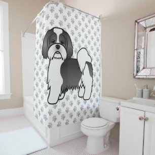 Rideaux De Douche Chien de dessin animé mignon Lhasa Apso noir et bl