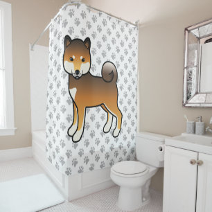 Rideaux De Douche Chien de dessin animé Shiba Inu à sésame rouge et 