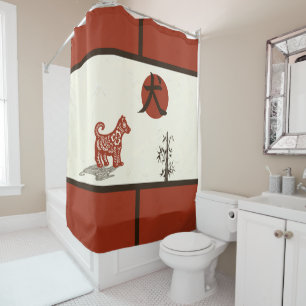 Rideaux De Douche Chien de kanji sur le rouge