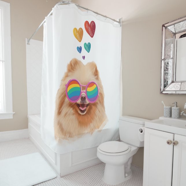 Rideaux De Douche Chien de Poméranie avec Coeurs Saint Valentin (En situation)