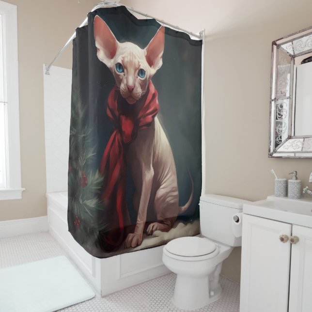 Rideaux De Douche Chien de Sphynx à Noël de neige (En situation)