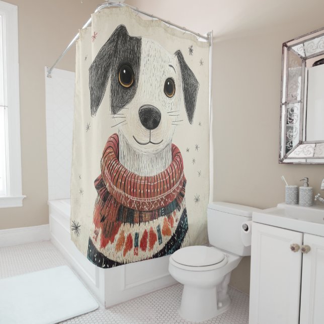Rideaux De Douche Chien en pull noir et blanc avec neige (En situation)
