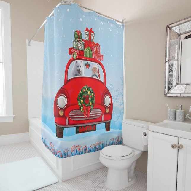 Rideaux De Douche Chien Esquimau Américain En Voiture Avec Le Père N (En situation)