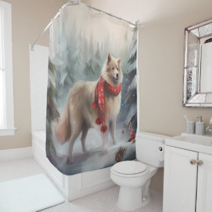 Rideaux De Douche Chien finnois de Laponie dans la neige de Noël 