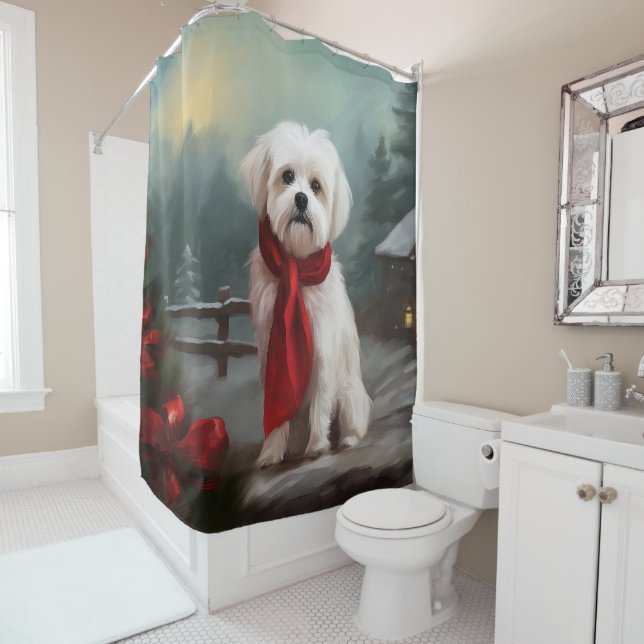 Rideaux De Douche Chien maltais à Noël de neige (En situation)