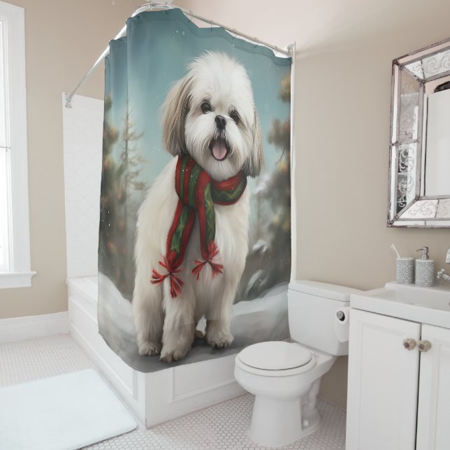 Rideaux De Douche Chien Malti Tzu à Noël de neige (En situation)