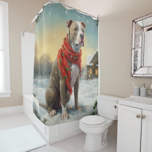 Rideaux De Douche Chien Pitbull dans la neige de Noël (En situation)