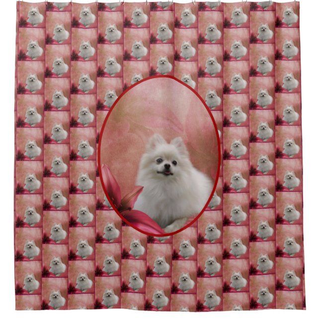 Rideaux De Douche Chien Pomeranian Blanc Fleurs Animal (Devant)