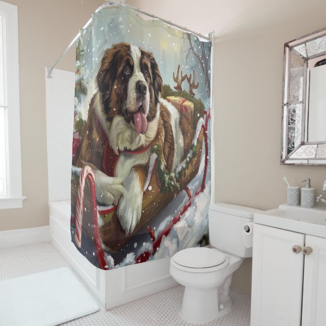Rideaux De Douche Chien Saint-Bernard Noël Festif  (En situation)