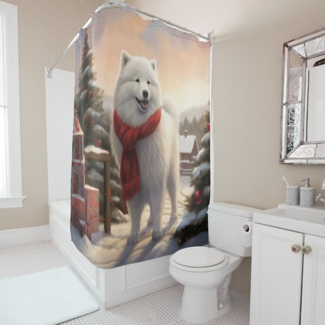 Rideaux De Douche Chien Samoyé à Noël de neige (En situation)