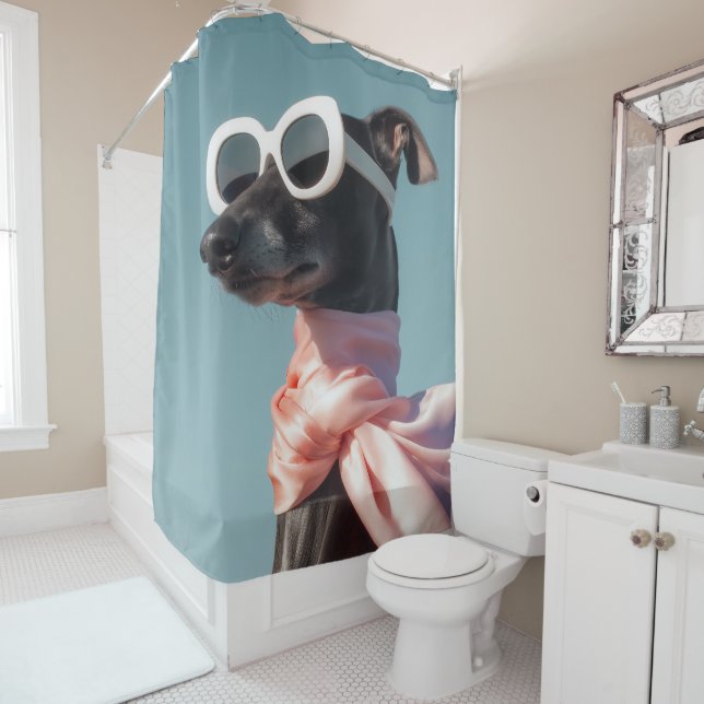 Rideaux De Douche Chien Stylé Avec Lunettes De Soleil Écharpe (En situation)