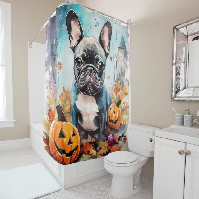 Rideaux De Douche Chien-taureau français d'Halloween avec la peur Ci (En situation)