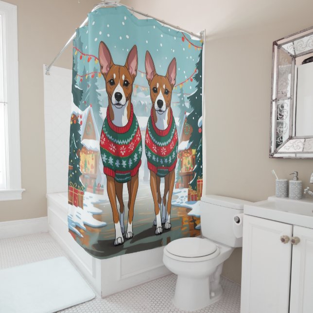 Rideaux De Douche Chiens Basenji Noël Neige Vacances  (En situation)