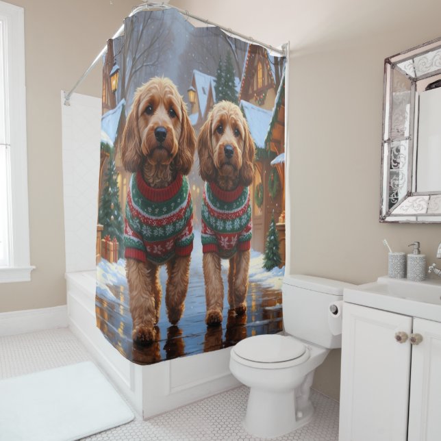 Rideaux De Douche Chiens Cockapoo Noël Neige Fêtes  (En situation)