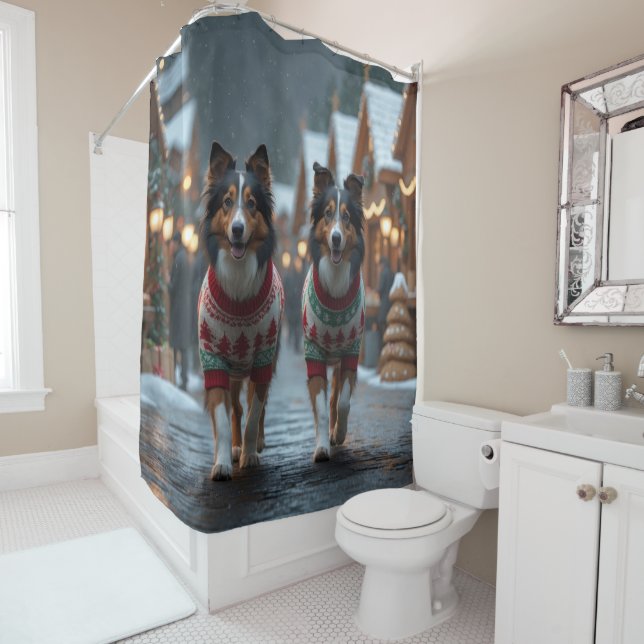 Rideaux De Douche Chiens Colley Rough Noël Neige Fêtes (En situation)