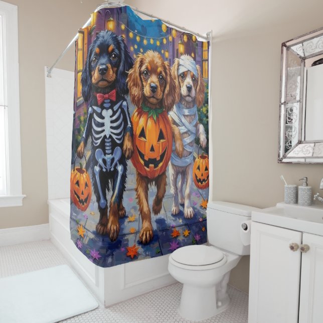 Rideaux De Douche Chiens Espagnols Tibétains En Costumes D'Halloween (En situation)