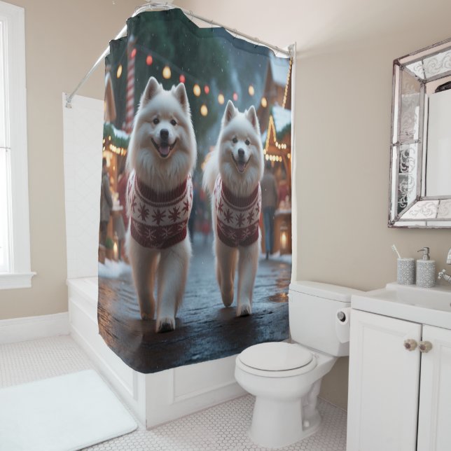 Rideaux De Douche Chiens Samoyède Noël Neige Fêtes (En situation)