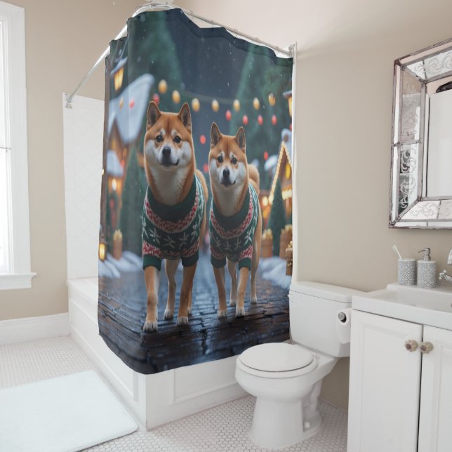 Rideaux De Douche Chiens Shiba Inu Noël Neige Fêtes (En situation)