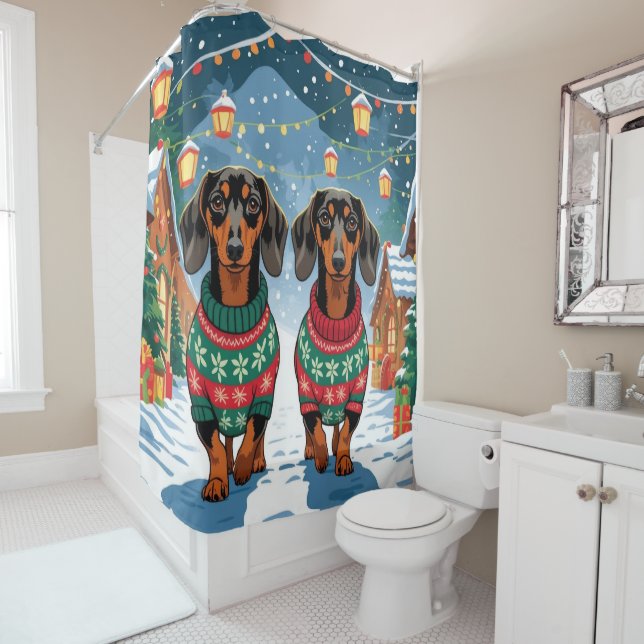 Rideaux De Douche Chiens teckel Noël Neige Fêtes (En situation)