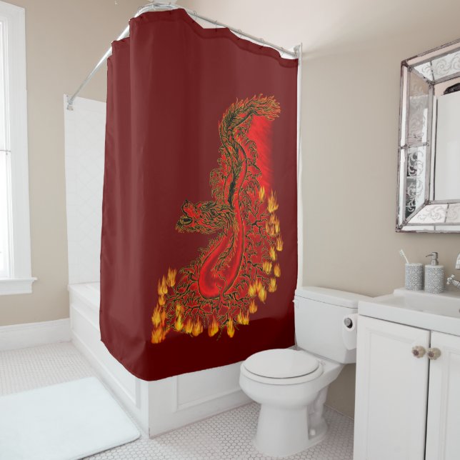 Rideaux De Douche Chine Dragon rouge et or design (En situation)