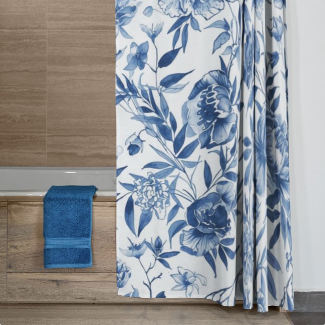 Rideaux De Douche Chinoiserie aquarelle florale botanique bleue (Créateur téléchargé)