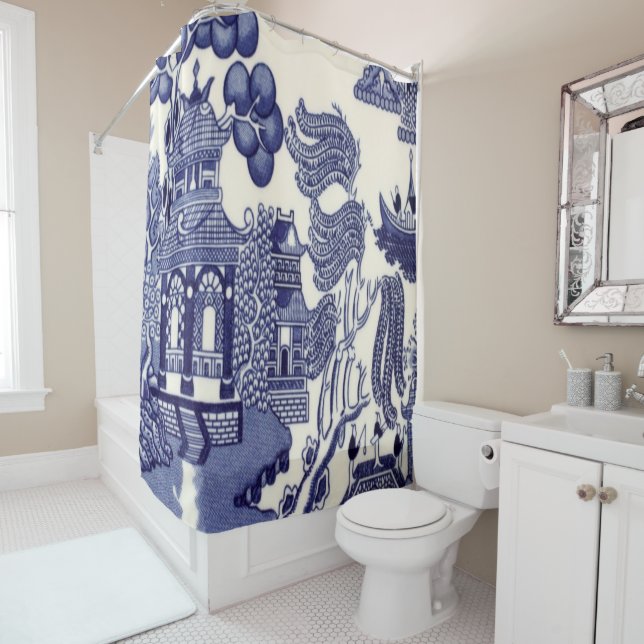 Rideaux De Douche Chinoiserie bleue et blanche (En situation)