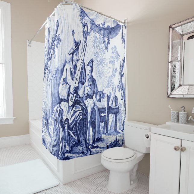 Rideaux De Douche Chinoiserie bleue et blanche (En situation)