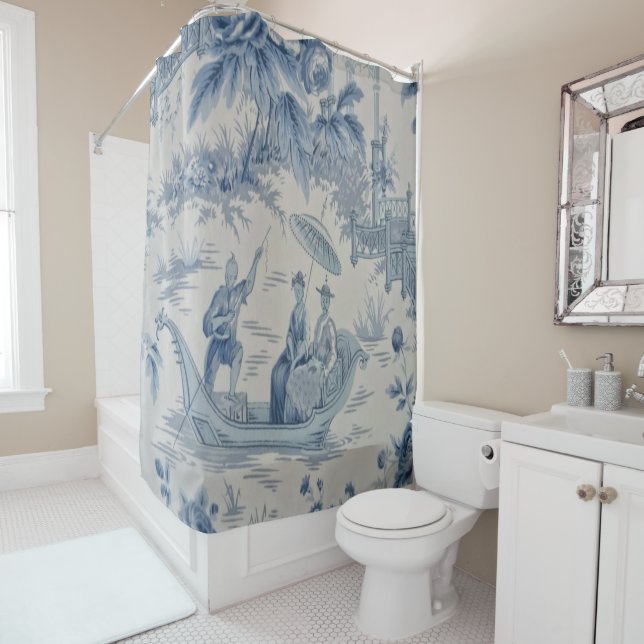 Rideaux De Douche Chinoiserie bleue et blanche (En situation)