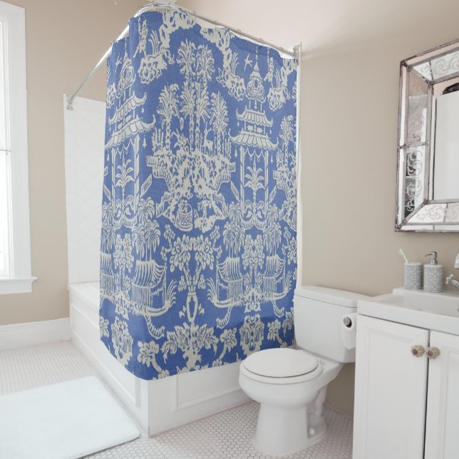 Rideaux De Douche Chinoiserie bleue et blanche (En situation)