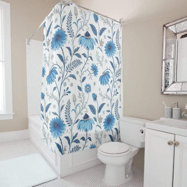 Rideaux De Douche Chinoiserie Blue Echinacea Pattern (En situation)