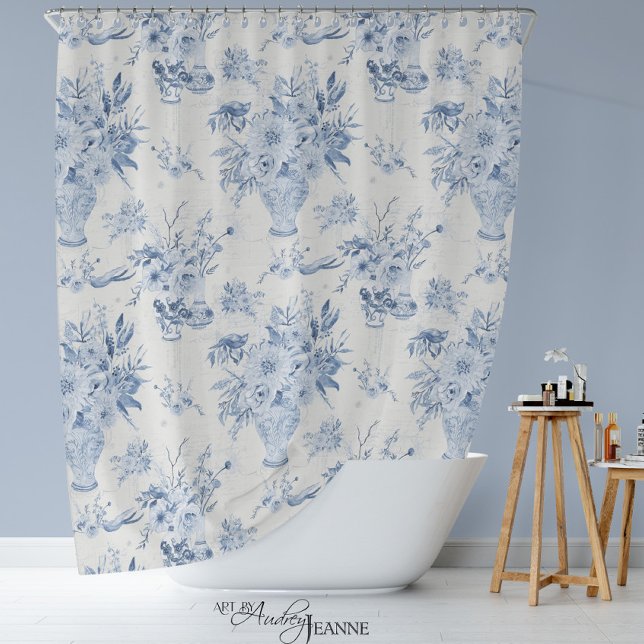 Rideaux De Douche Chinoiserie Floral Vase Peony Bleu Blanc Bain (Blue and White Toile Chinoiserie Flora by Audrey Jeanne)