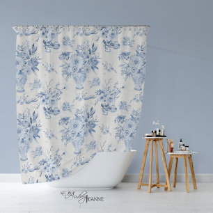 Rideaux De Douche Chinoiserie Floral Vase Peony Bleu Blanc Bain
