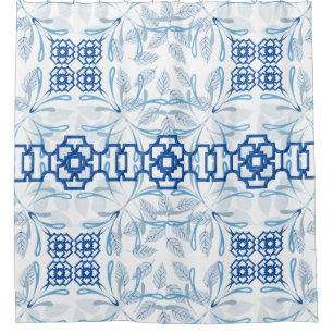 Rideaux De Douche Chinoiserie florale géométrique bleue et blanche