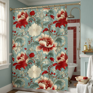 Rideaux De Douche Chinoiserie florale rouge, crème et verte